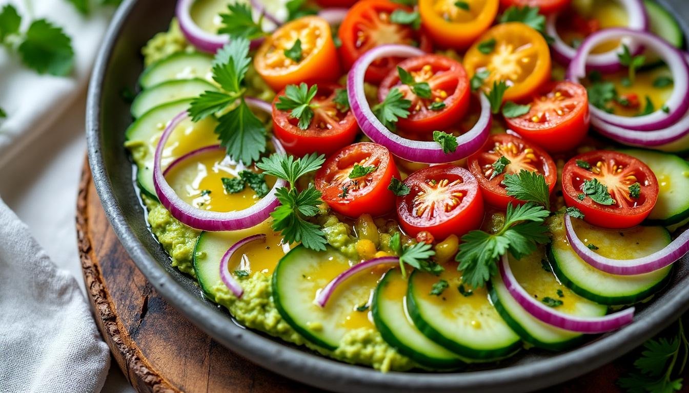 découvrez notre recette fraîche de tartare de légumes croquants, relevé d'une délicate vinaigrette citronnée. un plat sain, coloré et plein de saveurs, parfait pour une entrée légère !