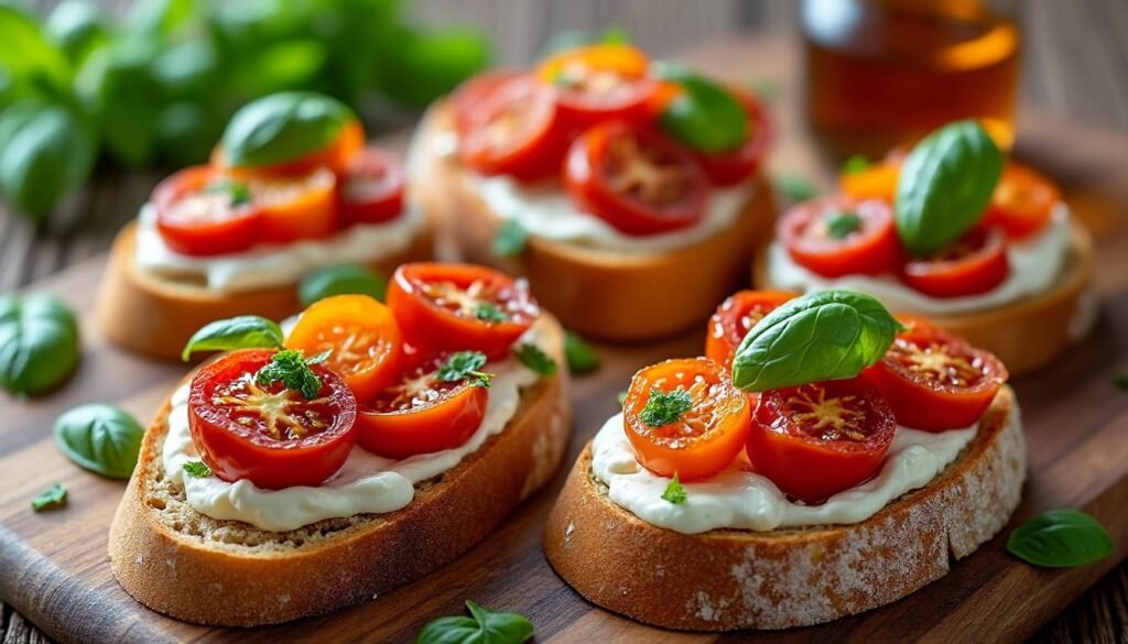 découvrez une recette gourmande de tartines de ricotta et tomates rôties, idéale pour un apéritif ou un dîner léger. savourez l’association onctueuse de la ricotta et la douceur des tomates rôties sur du pain croustillant.