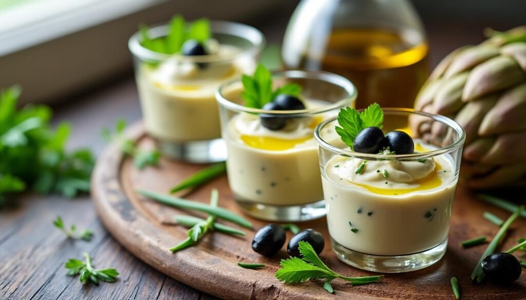 découvrez notre recette raffinée de verrines de crème d’artichauts et olives noires : une entrée fraîche, savoureuse et idéale pour vos apéritifs et buffets gourmands.