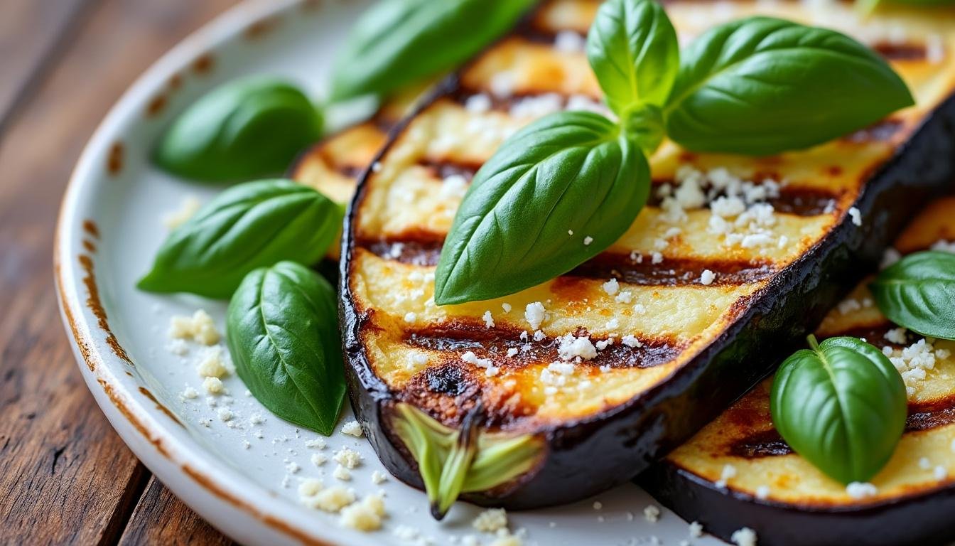 découvrez une recette savoureuse d'aubergines grillées au parmesan et basilic, parfaite pour un plat léger et gourmand aux saveurs méditerranéennes.