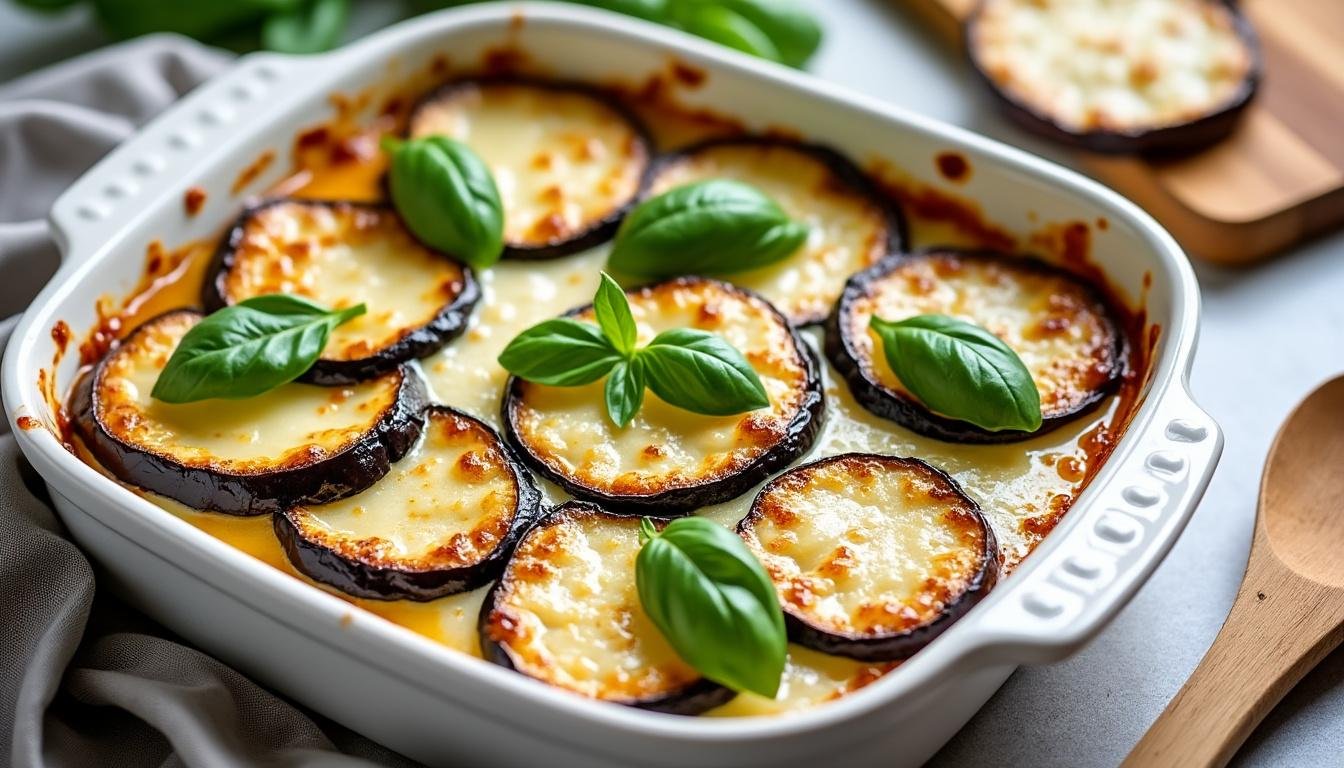 découvrez une délicieuse recette d'aubergines grillées garnies de parmesan fondant et de basilic frais, parfaite pour un plat sain et savoureux.