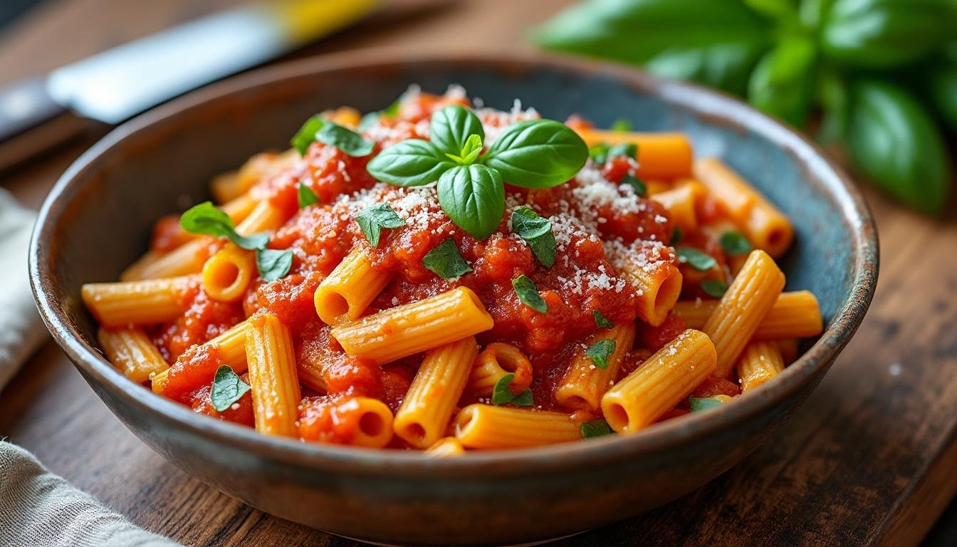découvrez une recette savoureuse de pâtes aux pois chiches accompagnées d'une sauce tomate épicée, idéale pour un repas rapide, équilibré et plein de saveurs méditerranéennes.