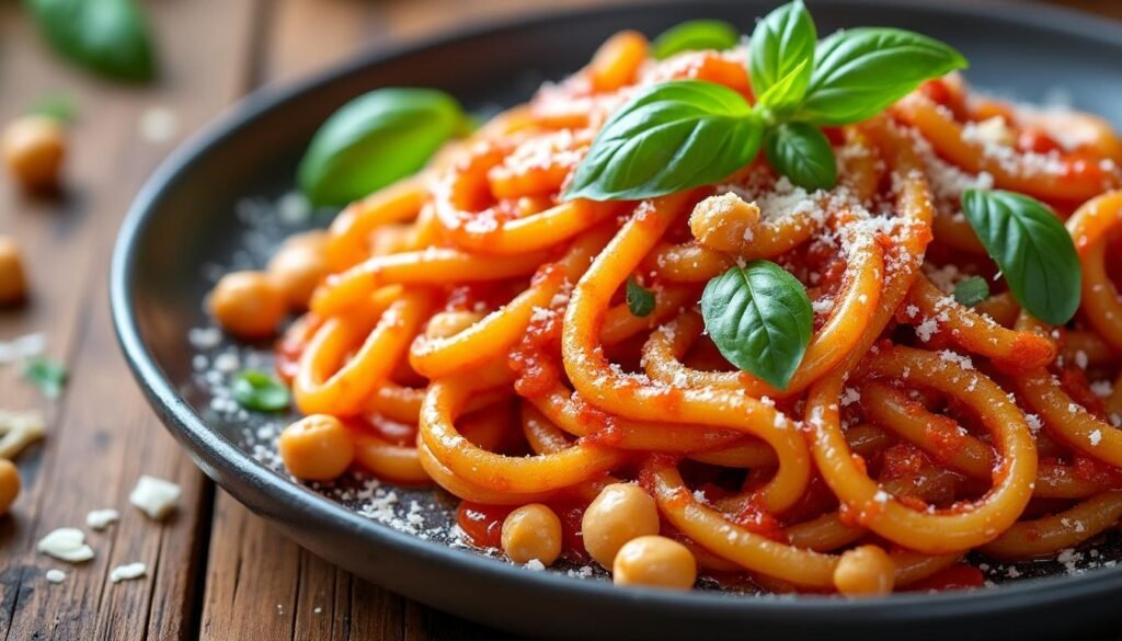 découvrez une délicieuse recette de pâtes aux pois chiches accompagnées d'une sauce tomate épicée, idéale pour un repas sain, rapide et plein de saveurs méditerranéennes.