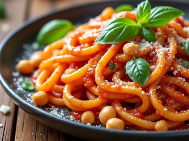 Pâtes aux pois chiches et sauce tomate épicée