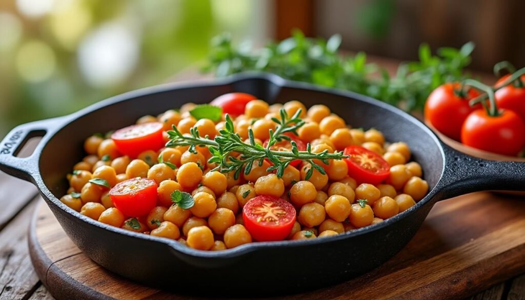 découvrez une délicieuse poêlée de pois chiches à la tomate et au thym, une recette rapide, saine et savoureuse, idéale pour un repas végétarien complet et plein de saveurs méditerranéennes.