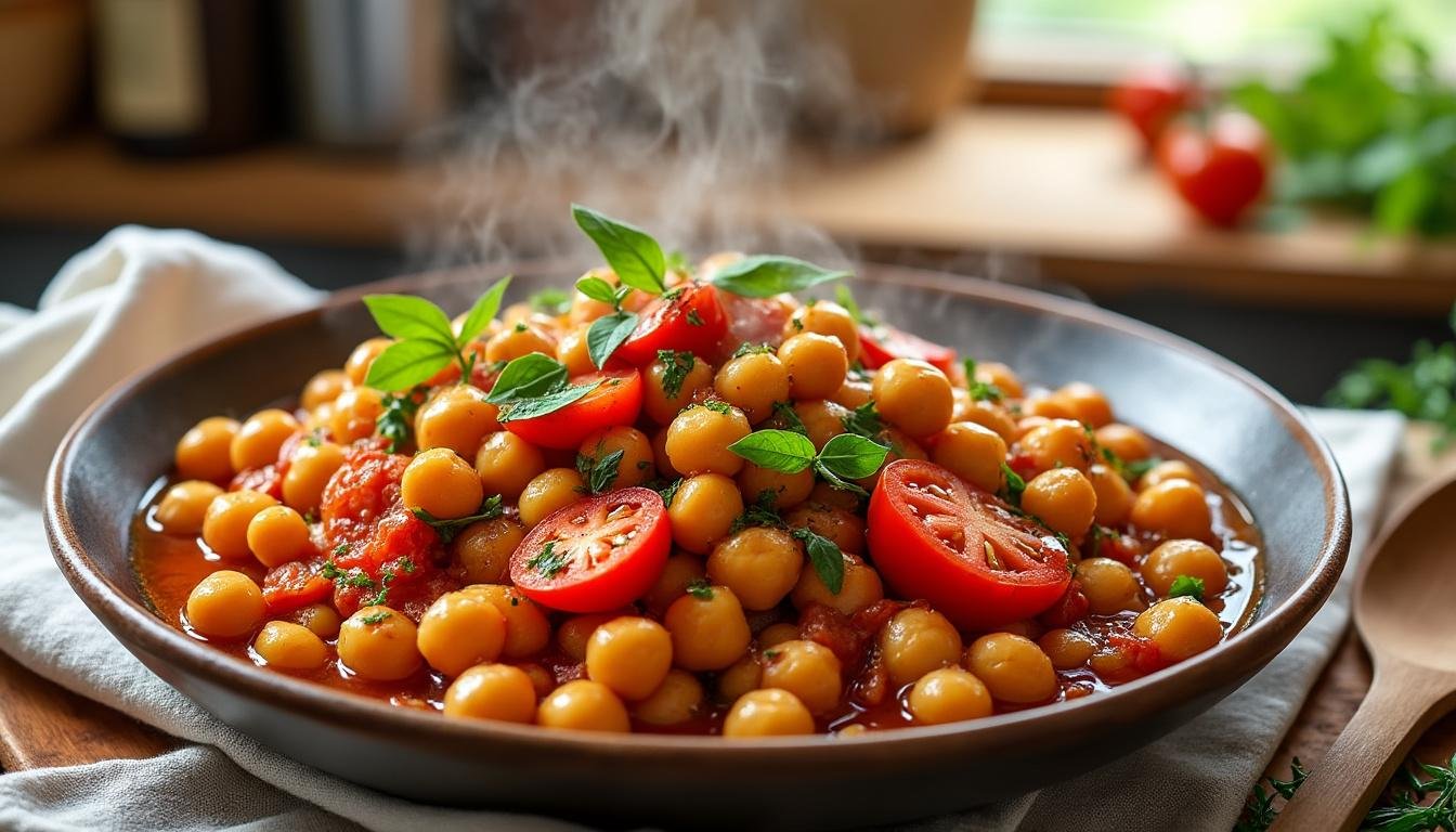 découvrez notre délicieuse poêlée de pois chiches à la tomate et au thym, une recette végétarienne facile et rapide, idéale pour un repas sain, gourmand et plein de saveurs méditerranéennes.