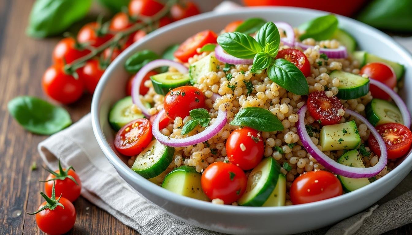 découvrez une salade de farro aux légumes rôtis savoureuse et saine, parfaite pour un repas équilibré et gourmand.