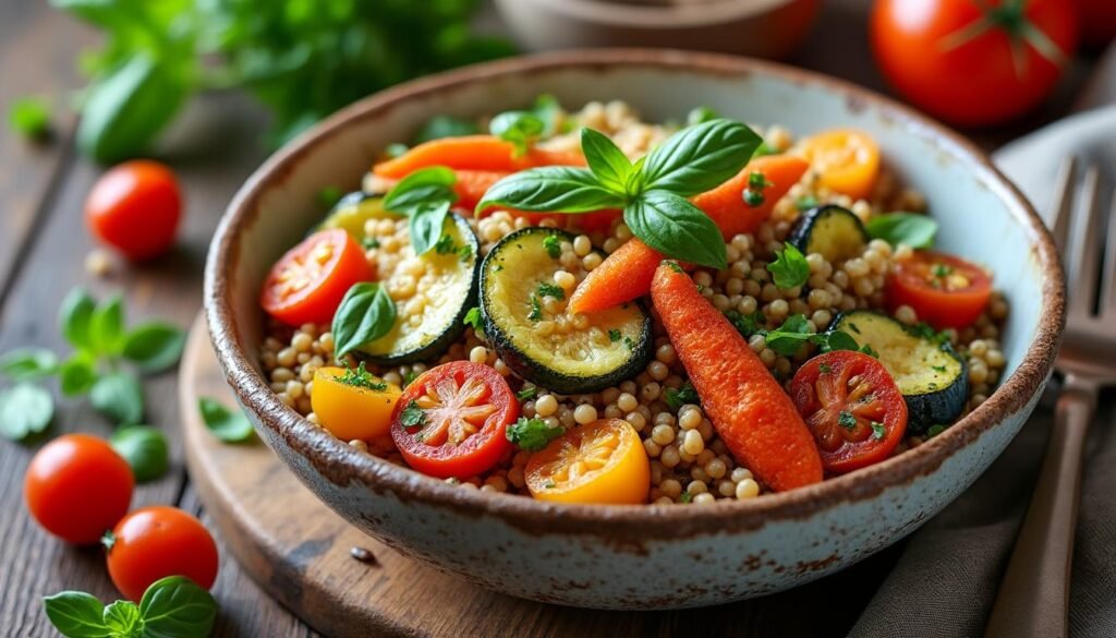 découvrez une salade de farro aux légumes rôtis, saine et savoureuse, parfaite pour un repas équilibré et coloré.