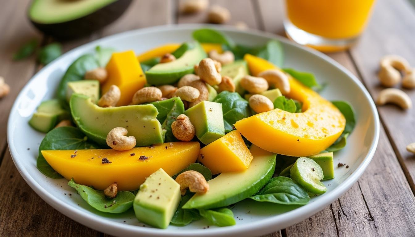 découvrez une salade fraîche et savoureuse alliant la douceur de la mangue, la crème de l'avocat et le croquant des noix de cajou, parfaite pour une pause saine et gourmande.