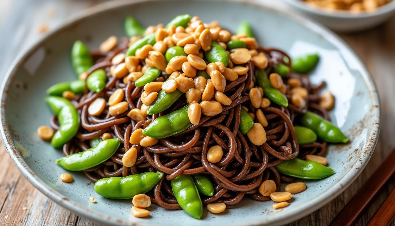 découvrez une délicieuse salade de nouilles soba accompagnée d'edamame croquants et d'une sauce onctueuse au beurre de cacahuète, parfaite pour un repas sain et savoureux.