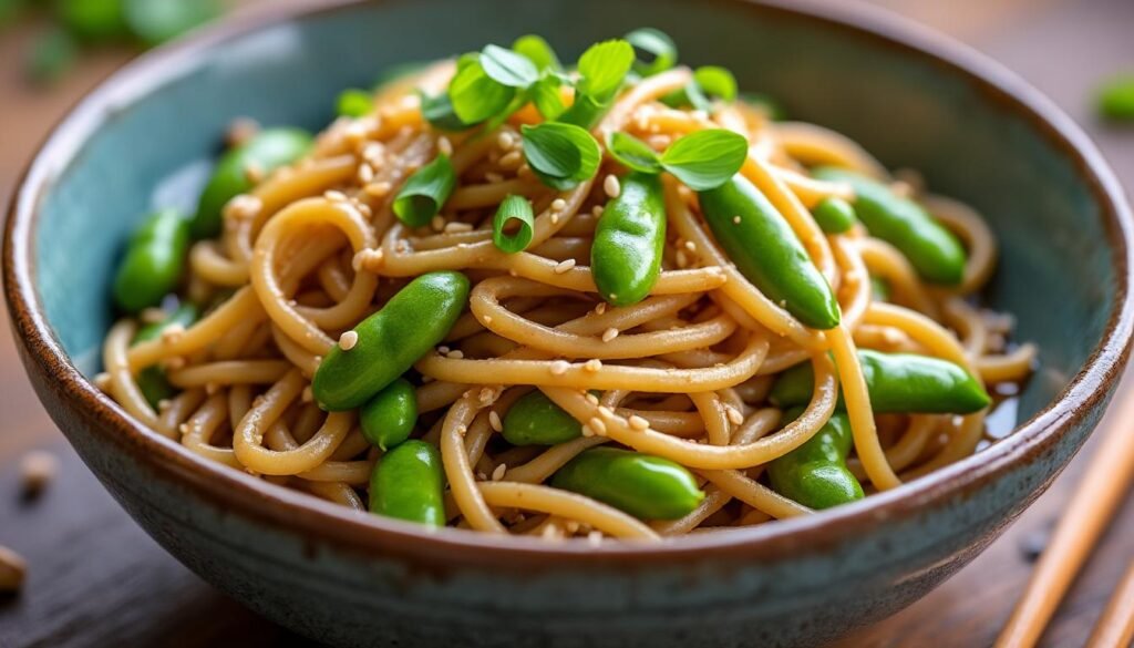découvrez une délicieuse salade de nouilles soba accompagnée d'edamame croquants et d'une sauce cacahuète onctueuse, parfaite pour un repas sain et gourmand.