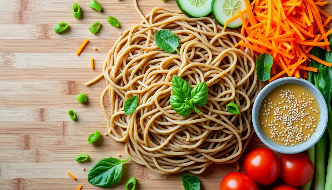 découvrez une délicieuse salade de nouilles soba aux edamames croquants, relevée d'une sauce cacahuète onctueuse pour un repas sain et savoureux.