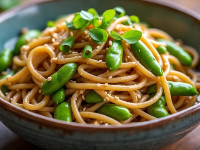 Salade de nouilles soba, edamame et sauce cacahuète