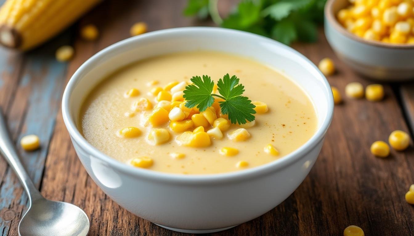 découvrez cette délicieuse recette de velouté froid de maïs au lait de coco, une soupe onctueuse, rafraîchissante et facile à préparer, parfaite pour l’été ou en entrée gourmande.
