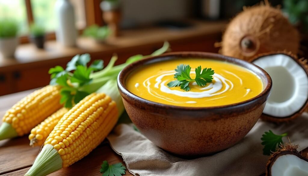 savourez un velouté froid de maïs et lait de coco, une recette onctueuse et rafraîchissante, idéale pour l'été. un mélange doux et exotique parfait en entrée ou en apéritif.