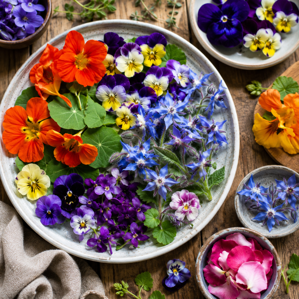 Assortiment de fleurs comestibles fraîches utilisées en cuisine