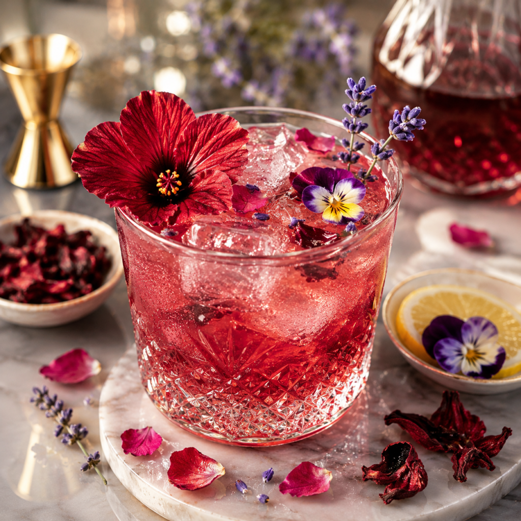 Cocktail floral à l’hibiscus décoré avec des fleurs comestibles