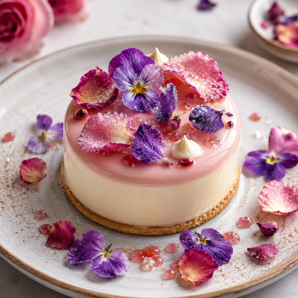 Dessert pâtissier décoré avec des fleurs comestibles cristallisées