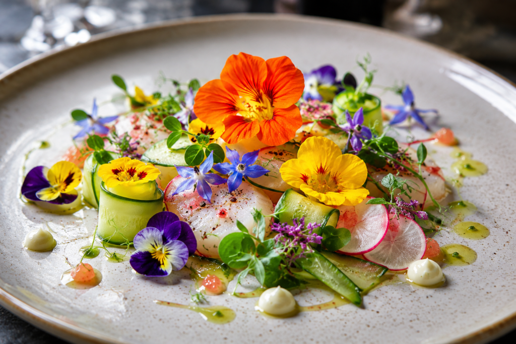 Présentation fleur comestible sur assiette 