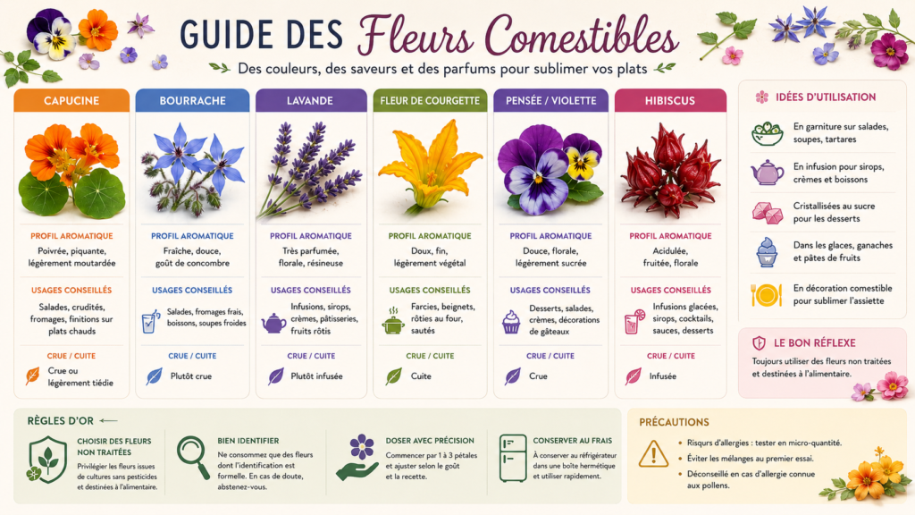 Infographie expliquant les fleurs comestibles et leurs usages culinaires